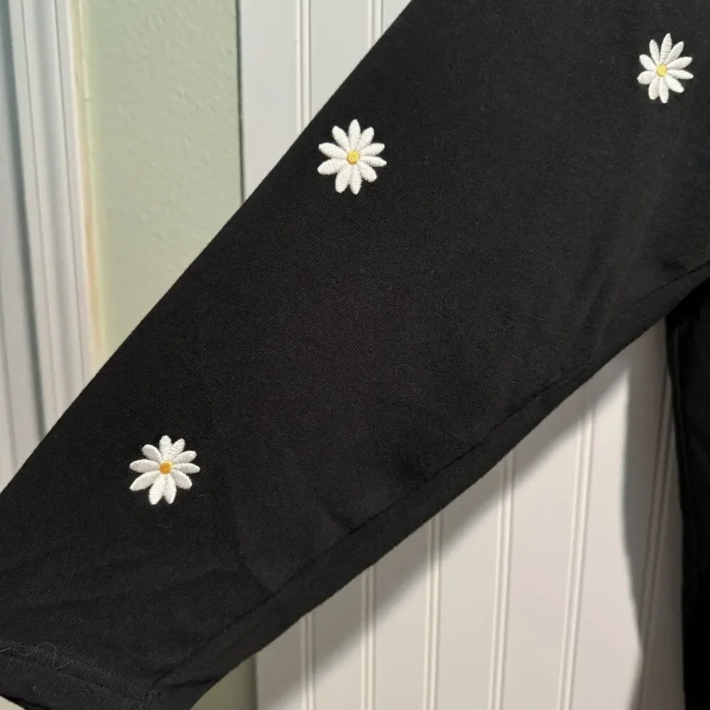 Quacker Factory Black Daisy Embroidered Cardigan Sweater Cotton Plus Size 3X